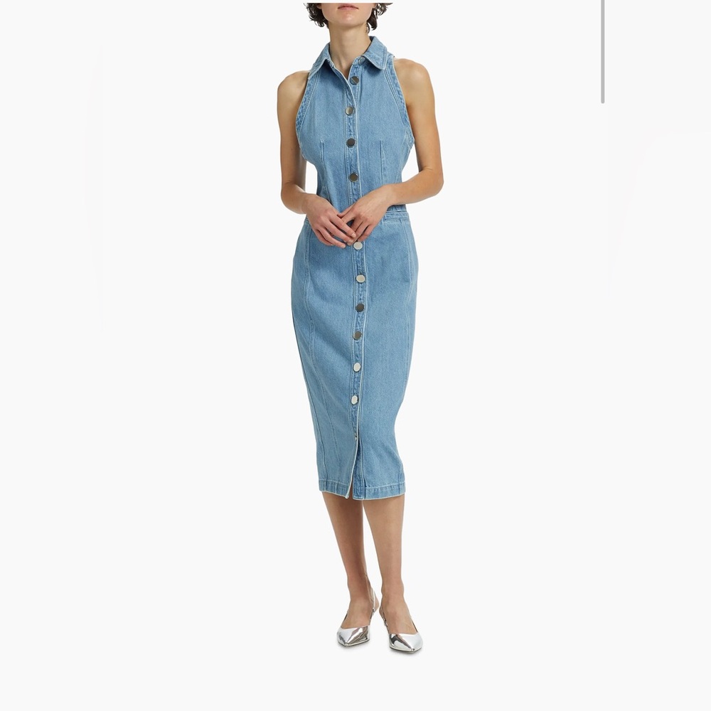 TOCCIN Palmer Washed-Denim Button-Front Midi-Dress in Light Wash - Picture 2 of 10